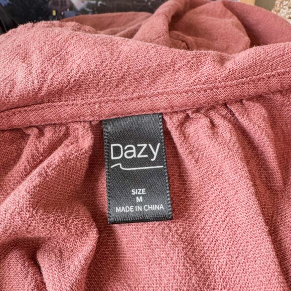 Dazy, Women's Medium, Solid Button Front Shirt Bishop Sleeves, Rusty Brown Rose - Picture 6 of 8